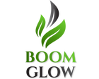 Logo of 'Boom Glow' with green leaves on a white background