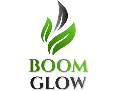 Logo of 'Boom Glow' with green leaves on a white background